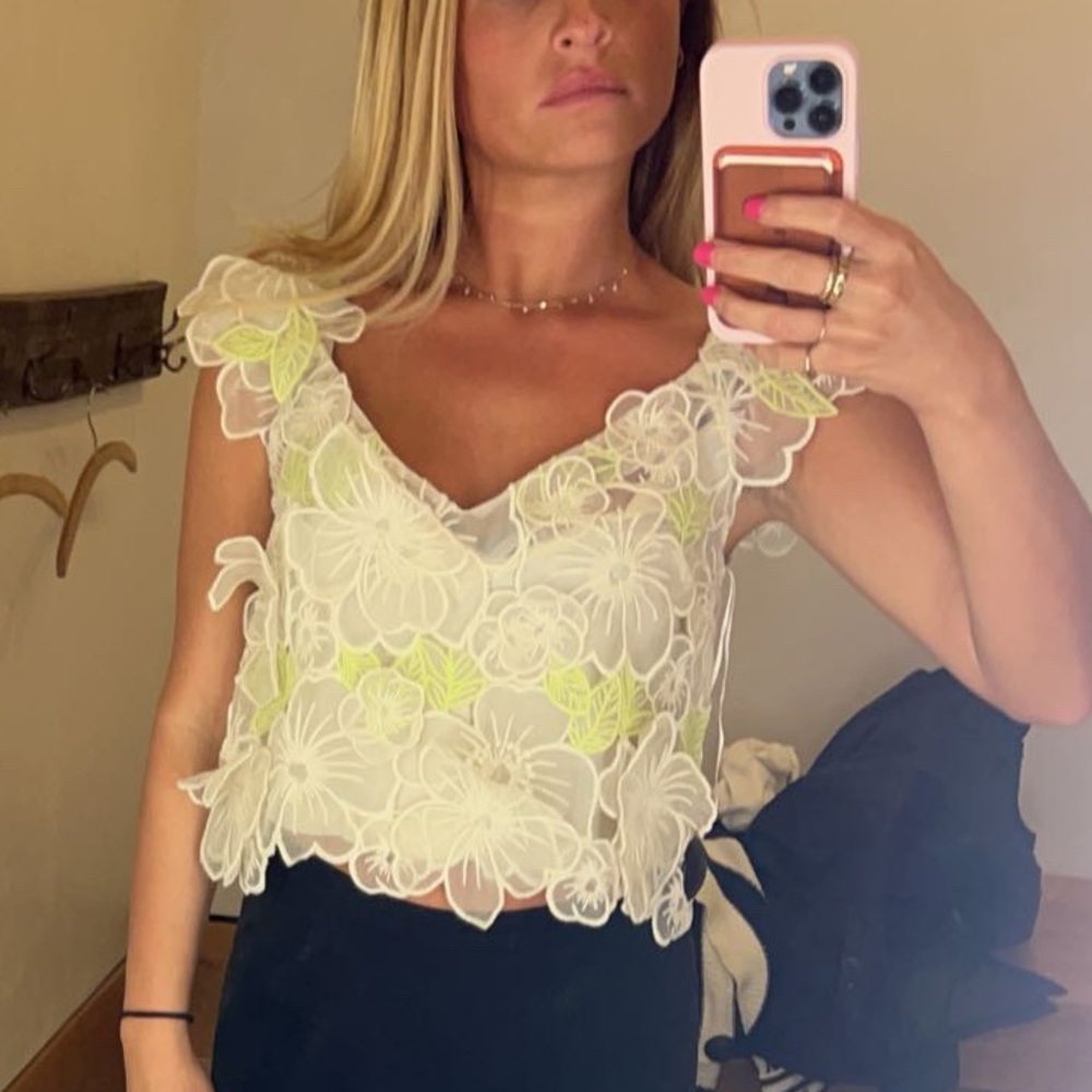 Anthropologie White and Yellow Floral Ruffled Crop Blouse